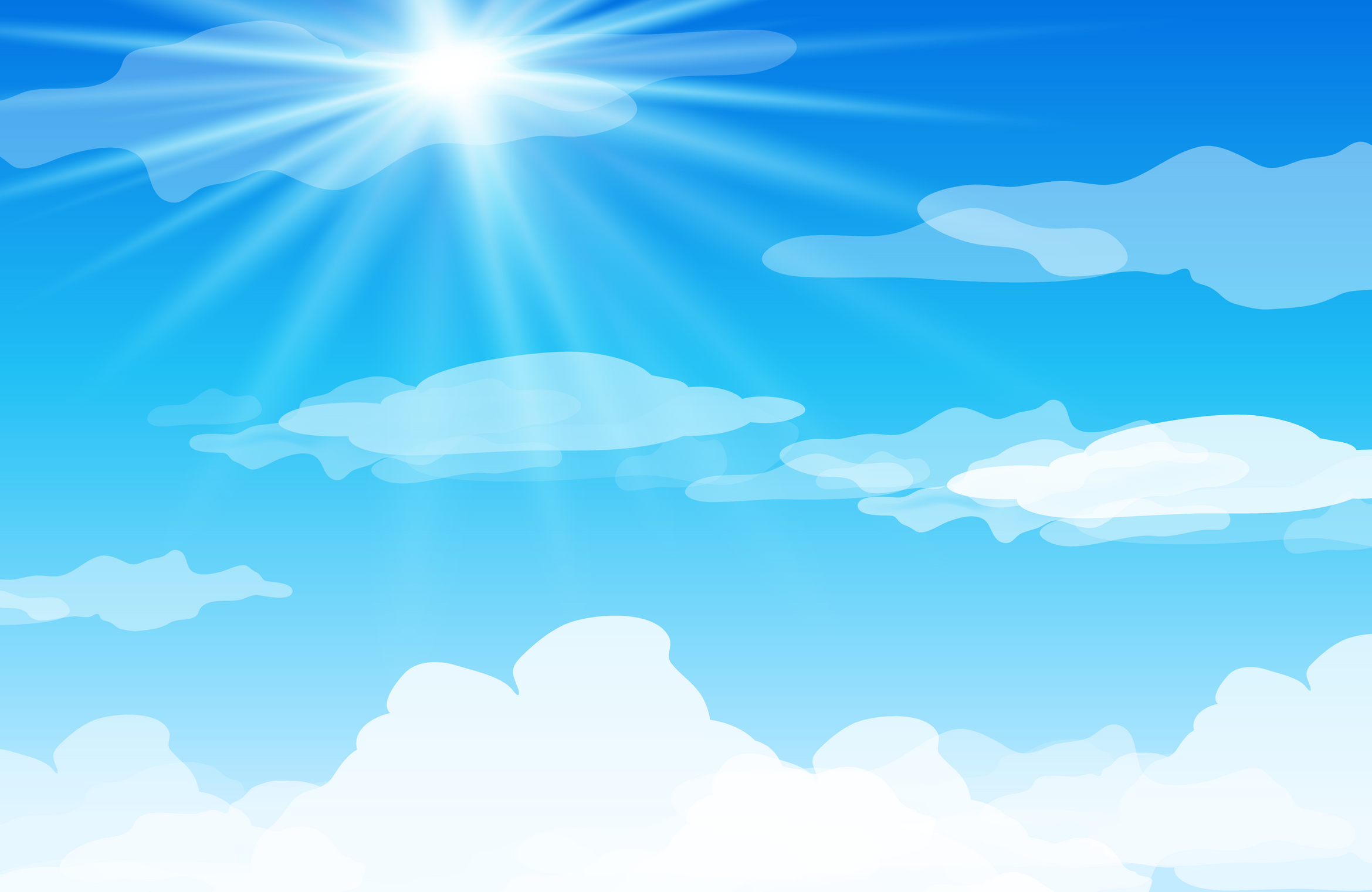 Sun and clouds in bright blue sky